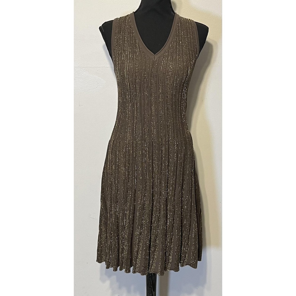 Falconeri Dress Womens Small Brown‎ Metallic Pleated Fit & Flare Knee Length